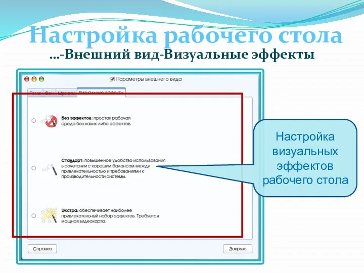 Настройка рабочего стола …-Внешний вид-Визуальные эффекты Настройка визуальных эффектов рабочего стола