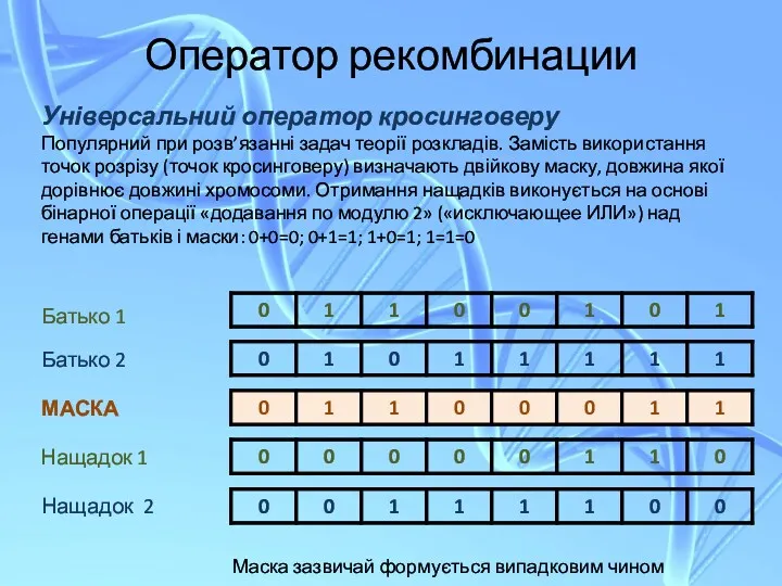 Оператор рекомбинации Універсальний оператор кросинговеру Популярний при розв’язанні задач теорії