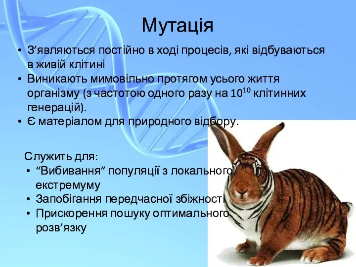 Мутація Служить для: “Вибивання” популяції з локального екстремуму Запобігання передчасної