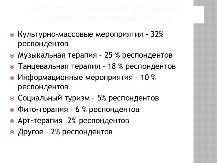 ИТОГИ ОПРОСА КЛИЕНТОВ ОТДЕЛЕНИЯ О НАИБОЛЕЕ ЭФФЕКТИВНЫХ УСЛУГАХ Культурно-массовые мероприятия