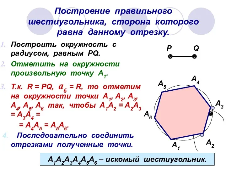 Построение правильного шестиугольника, сторона которого равна данному отрезку. Построить окружность