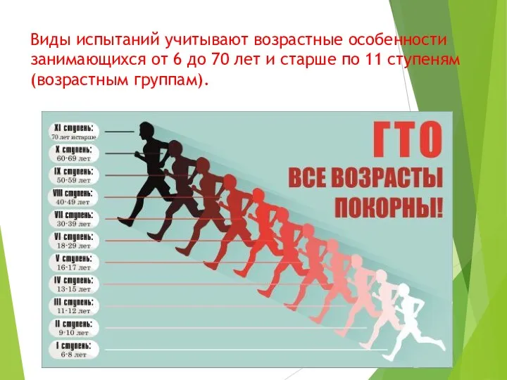 Виды испытаний учитывают возрастные особенности занимающихся от 6 до 70