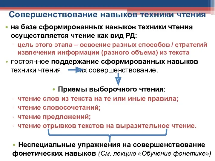 Совершенствование навыков техники чтения на базе сформированных навыков техники чтения