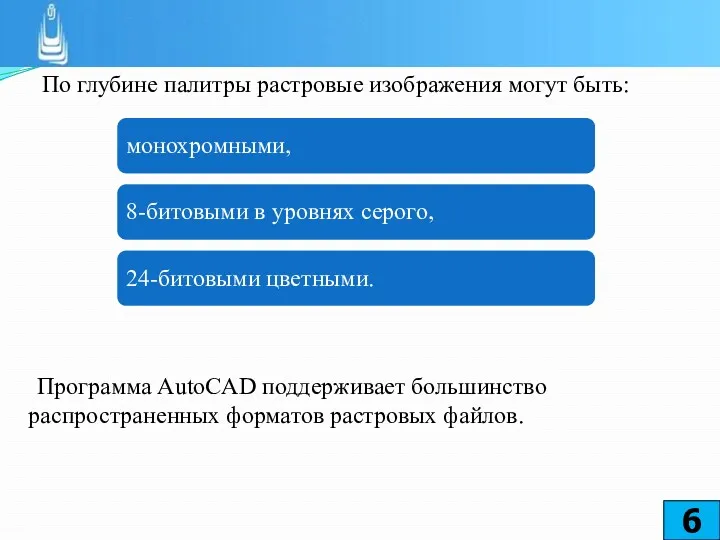 По глубине палитры растровые изображения могут быть: Программа AutoCAD поддерживает