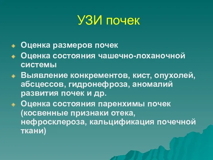 УЗИ почек Оценка размеров почек Оценка состояния чашечно-лоханочной системы Выявление