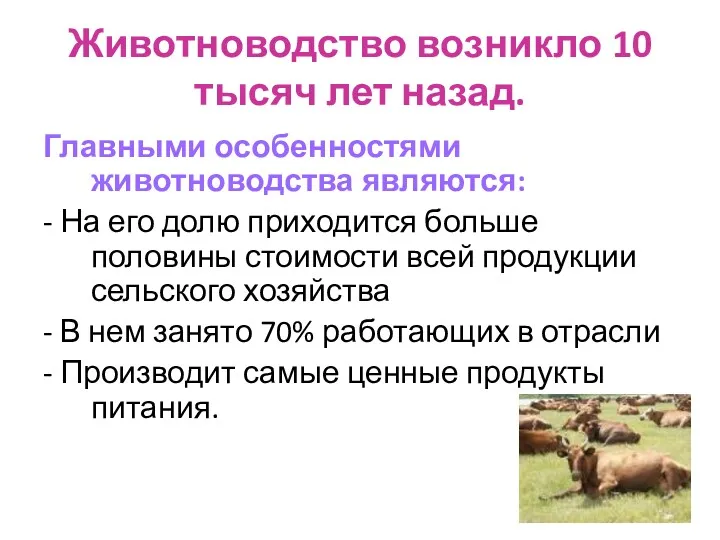 Животноводство возникло 10 тысяч лет назад. Главными особенностями животноводства являются: