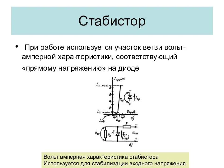 Стабистор При работе используется участок ветви вольт-амперной характеристики, соответствующий «прямому