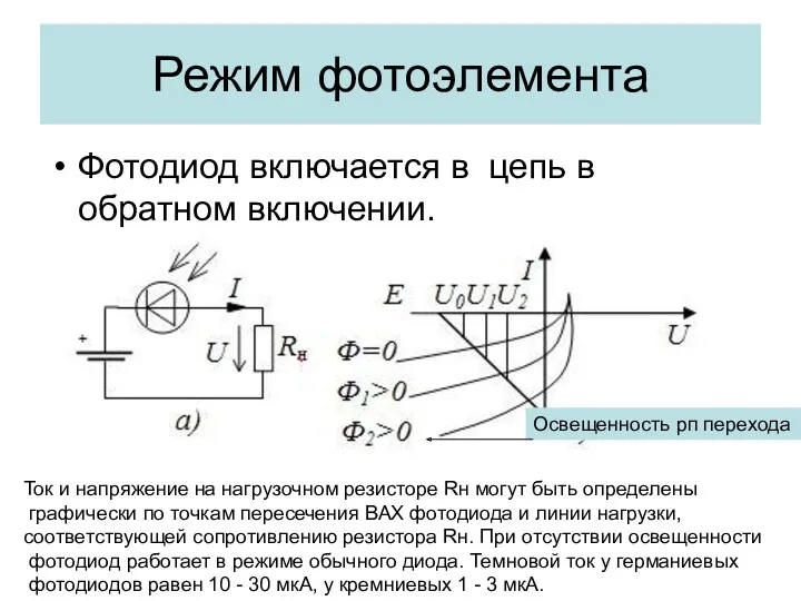 Режим фотоэлемента Фотодиод включается в цепь в обратном включении. Освещенность