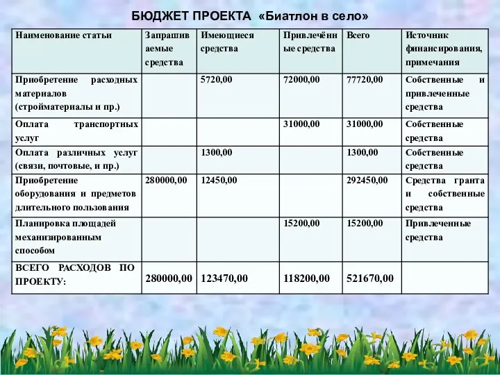 БЮДЖЕТ ПРОЕКТА «Биатлон в село»