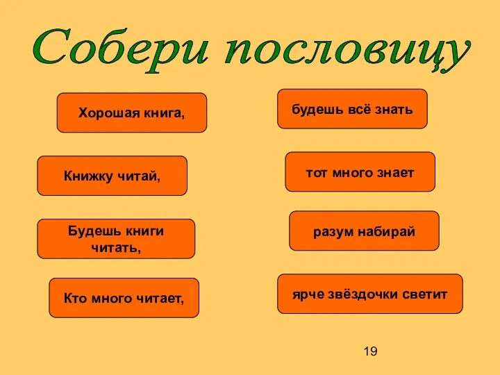 Собери пословицу Хорошая книга, будешь всё знать Книжку читай, тот