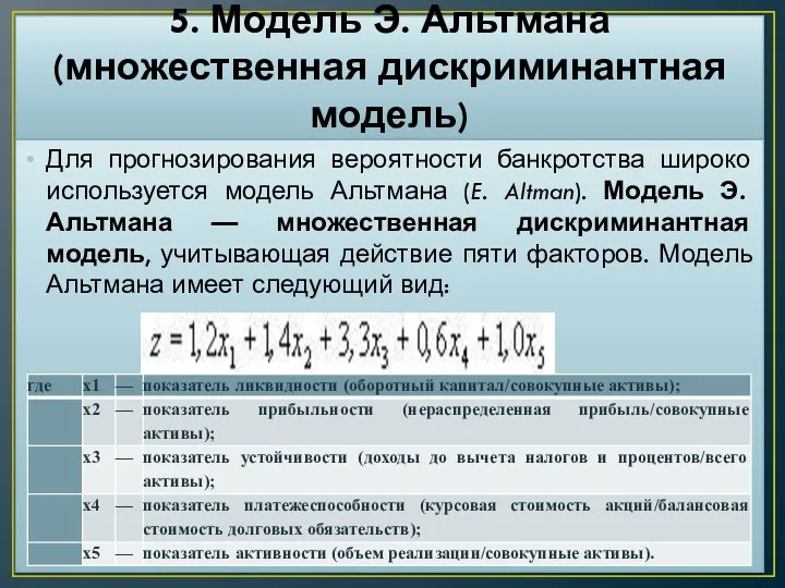 5. Модель Э. Альтмана (множественная дискриминантная модель) Для прогнозирования вероятности