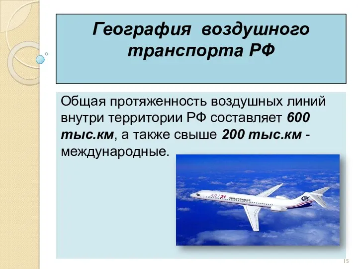 География воздушного транспорта РФ Общая протяженность воздушных линий внутри территории РФ составляет 600
