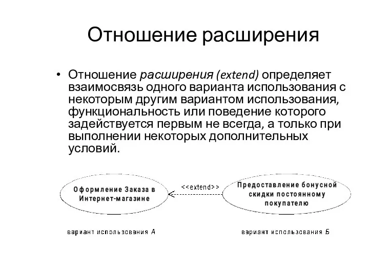 Отношение расширения Отношение расширения (extend) определяет взаимосвязь одного варианта использования