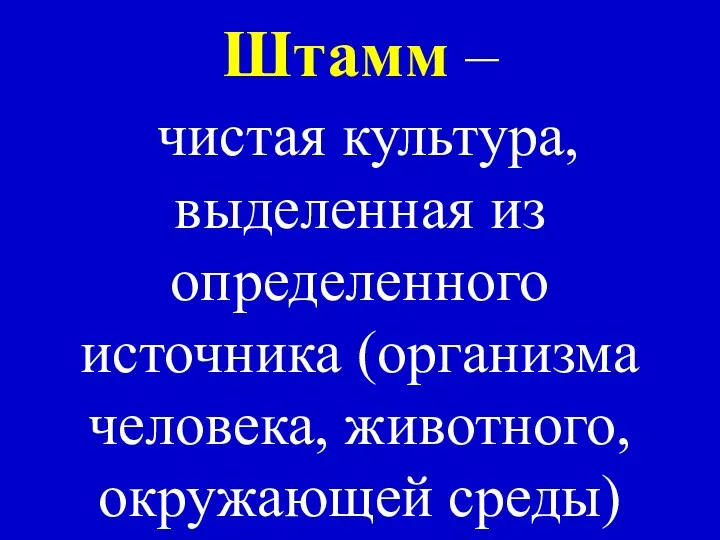 Штамм – чистая культура, выделенная из определенного источника (организма человека, животного, окружающей среды)