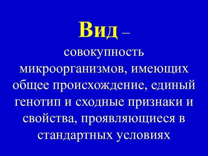 Вид – совокупность микроорганизмов, имеющих общее происхождение, единый генотип и