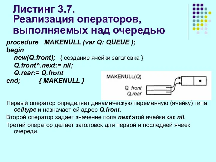 Листинг 3.7. Реализация операторов, выполняемых над очередью procedure MAKENULL (var