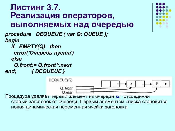 Листинг 3.7. Реализация операторов, выполняемых над очередью procedure DEQUEUE (