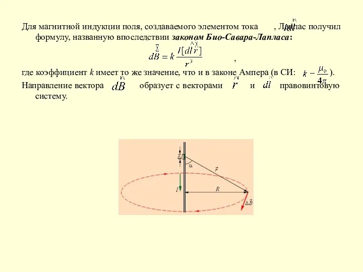 Для магнитной индукции поля, создаваемого элементом тока , Лаплас получил