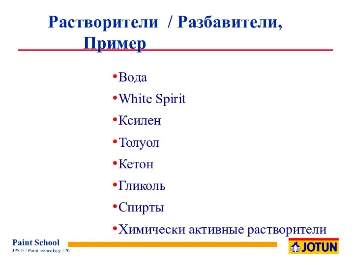 Вода White Spirit Ксилен Толуол Кетон Гликоль Спирты Химически активные растворители Растворители / Разбавители, Пример