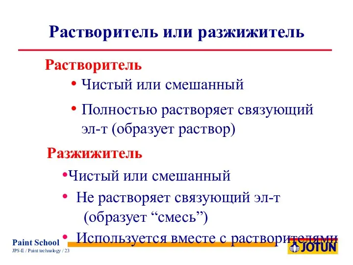 Растворитель или разжижитель Чистый или смешанный Полностью растворяет связующий эл-т