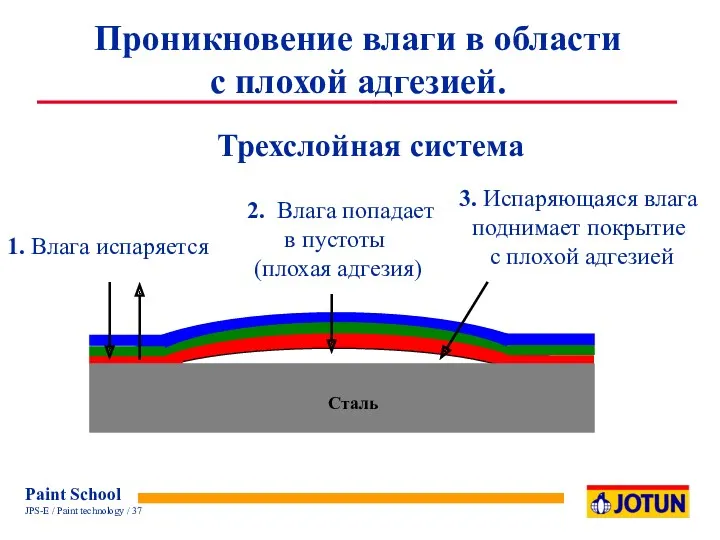 Проникновение влаги в области с плохой адгезией. Трехслойная система 3.