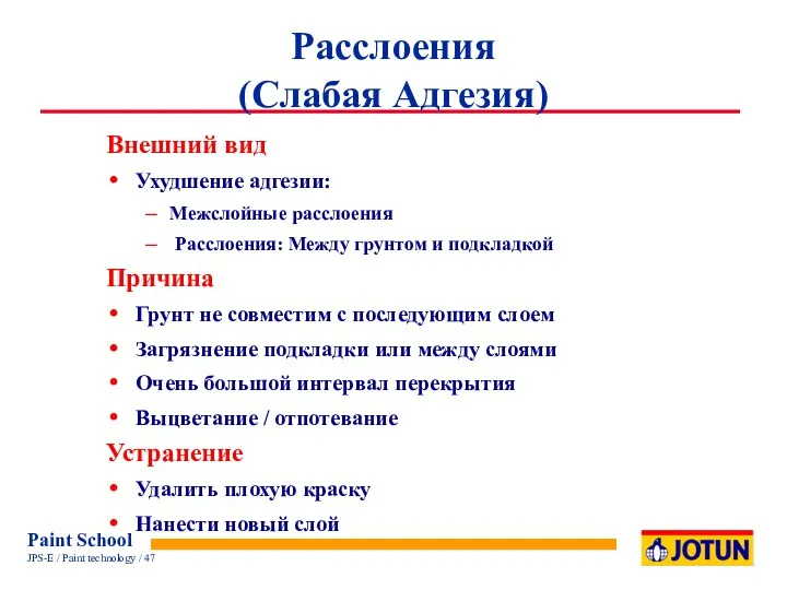 Расслоения (Слабая Адгезия) Внешний вид Ухудшение адгезии: Межслойные расслоения Расслоения: