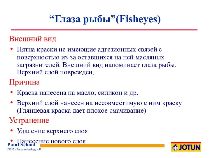 “Глаза рыбы”(Fisheyes) Внешний вид Пятна краски не имеющие адгезионных связей