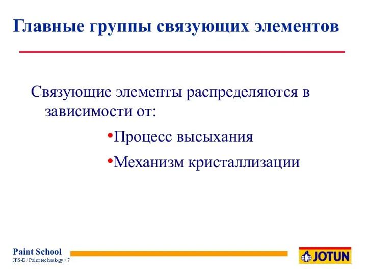 Связующие элементы распределяются в зависимости от: Процесс высыхания Механизм кристаллизации Главные группы связующих элементов