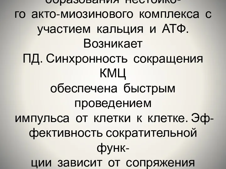 Сокращение миокарда происходит вследствие образования нестойко- го акто-миозинового комплекса с