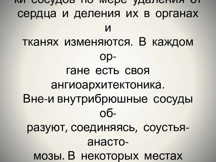 Калибр, толщина и строение стен- ки сосудов по мере удаления