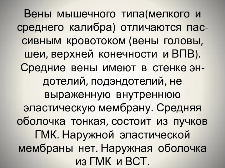 Вены мышечного типа(мелкого и среднего калибра) отличаются пас- сивным кровотоком