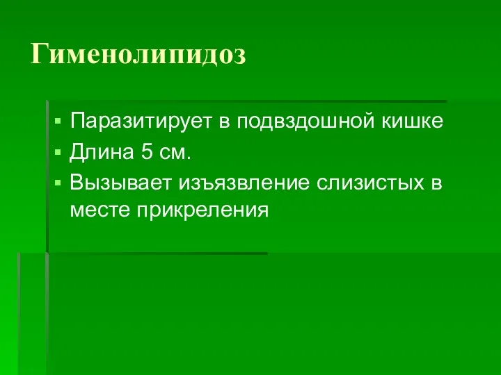 Гименолипидоз Паразитирует в подвздошной кишке Длина 5 см. Вызывает изъязвление слизистых в месте прикреления