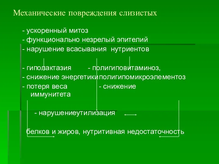 Механические повреждения слизистых - ускоренный митоз - функционально незрелый эпителий