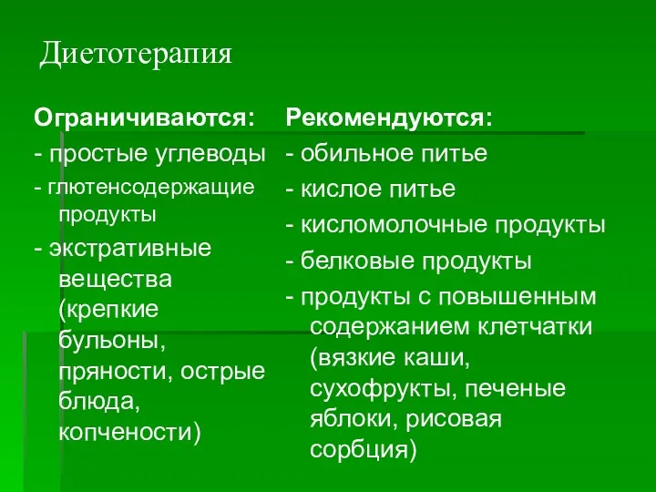 Диетотерапия Ограничиваются: - простые углеводы - глютенсодержащие продукты - экстративные