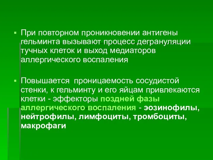 При повторном проникновении антигены гельминта вызывают процесс дегрануляции тучных клеток