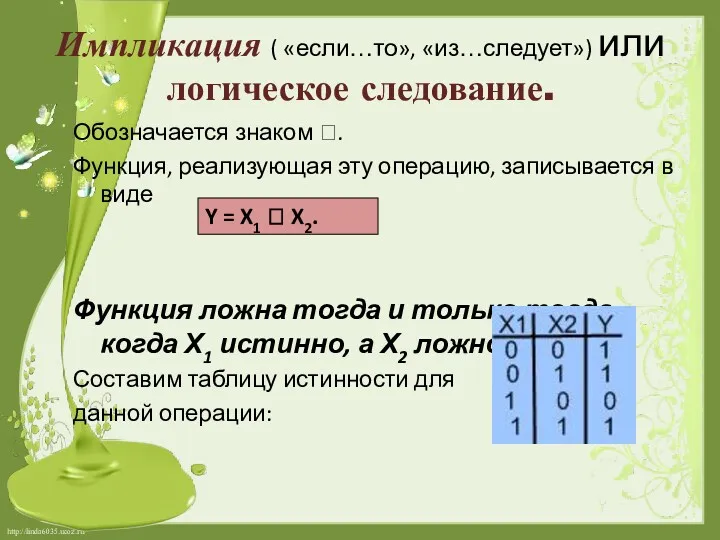 Импликация ( «если…то», «из…следует») или логическое следование. Обозначается знаком ?.