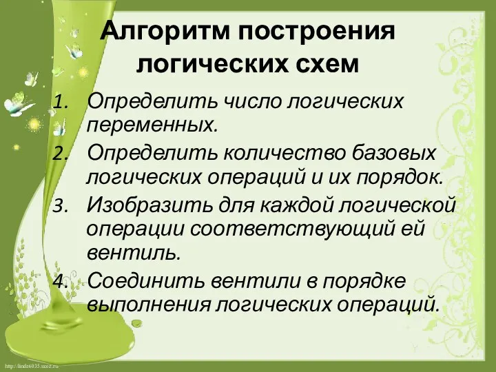 Алгоритм построения логических схем Определить число логических переменных. Определить количество