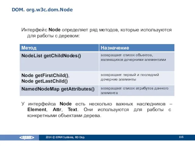 DOM. org.w3c.dom.Node Интерфейс Node определяет ряд методов, которые используются для