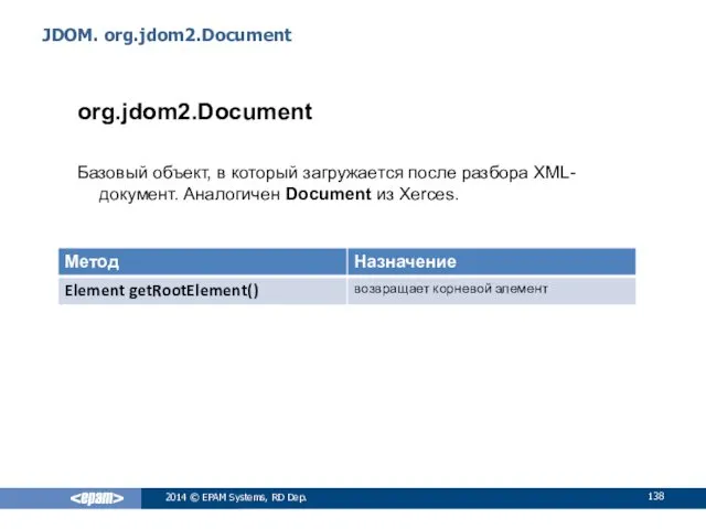 JDOM. org.jdom2.Document org.jdom2.Document Базовый объект, в который загружается после разбора