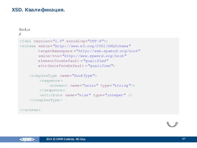 XSD. Квалификация. 2014 © EPAM Systems, RD Dep. Sock.xsd targetNamespace="http://www.epamrd.org/sock" xmlns:tns="http://www.epamrd.org/sock" elementFormDefault="qualified" attributeFormDefault="qualified">