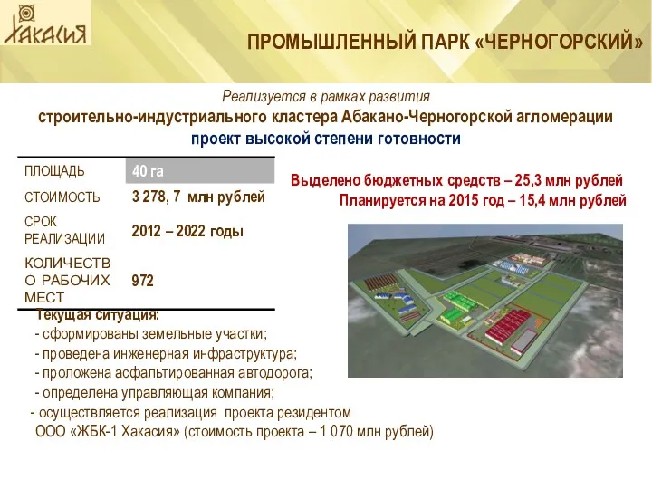 ПРОМЫШЛЕННЫЙ ПАРК «ЧЕРНОГОРСКИЙ» Реализуется в рамках развития строительно-индустриального кластера Абакано-Черногорской агломерации проект высокой