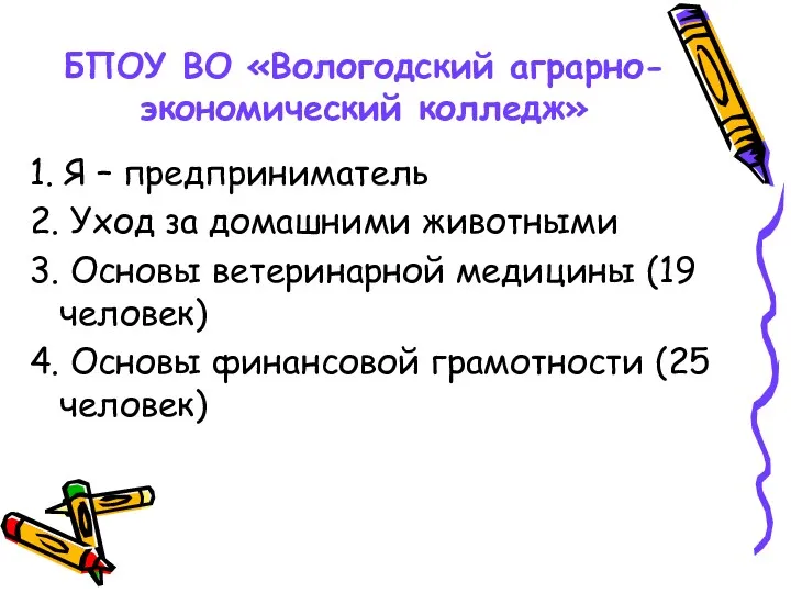 БПОУ ВО «Вологодский аграрно-экономический колледж» 1. Я – предприниматель 2.