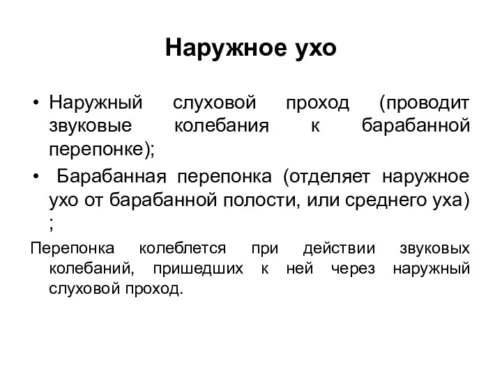 Наружное ухо Наружный слуховой проход (проводит звуковые колебания к барабанной