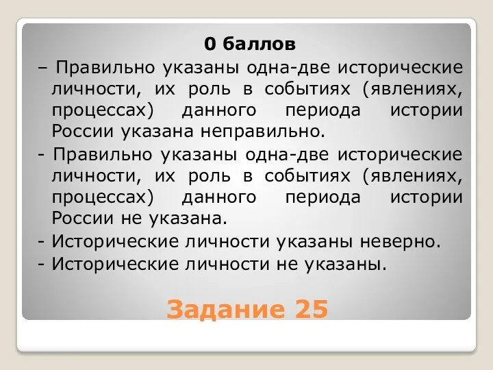 Задание 25 0 баллов – Правильно указаны одна-две исторические личности, их роль в