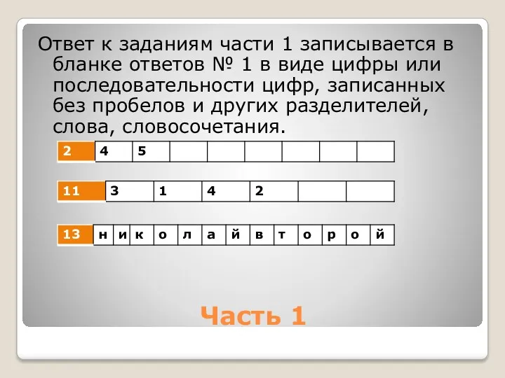 Часть 1 Ответ к заданиям части 1 записывается в бланке ответов № 1