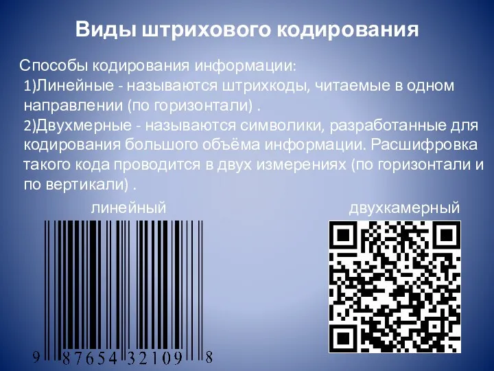 Виды штрихового кодирования Способы кодирования информации: 1)Линейные - называются штрихкоды,