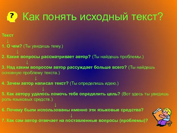 Как понять исходный текст? Текст ↓ 1. О чем? (Ты