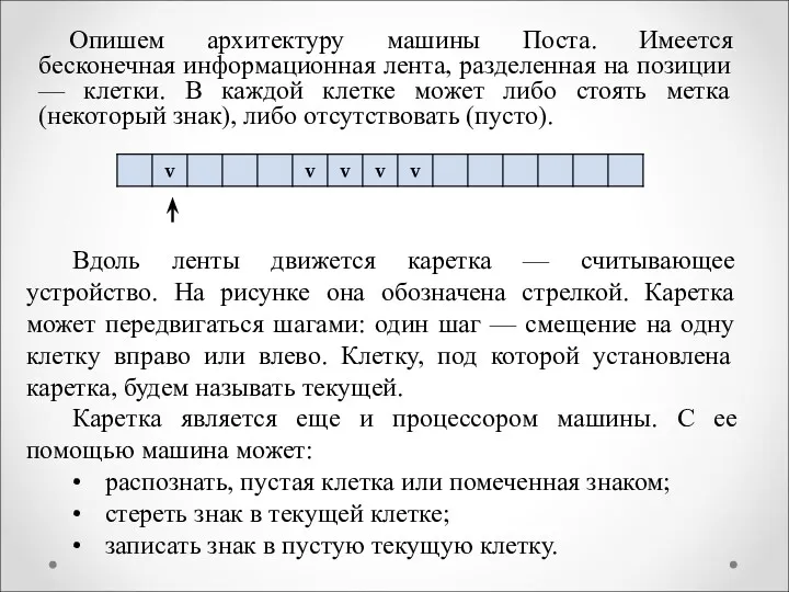 Опишем архитектуру машины Поста. Имеется бесконечная информационная лента, разделенная на