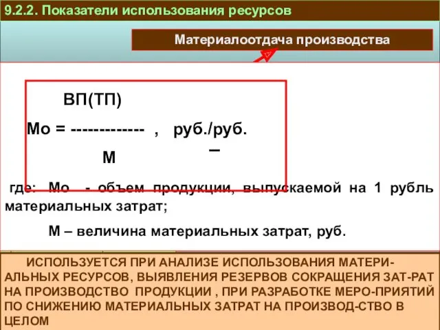 9.2.2. Показатели использования ресурсов Материалоотдача производства ВП(ТП) Мо = -------------