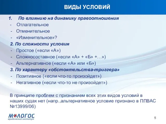 ВИДЫ УСЛОВИЙ По влиянию на динамику правоотношения - Отлагательное Отменительное